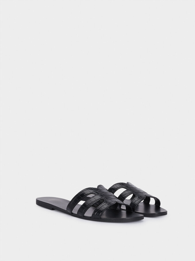 Embossed Animal Print Flat Sandals, Black, hi-res
