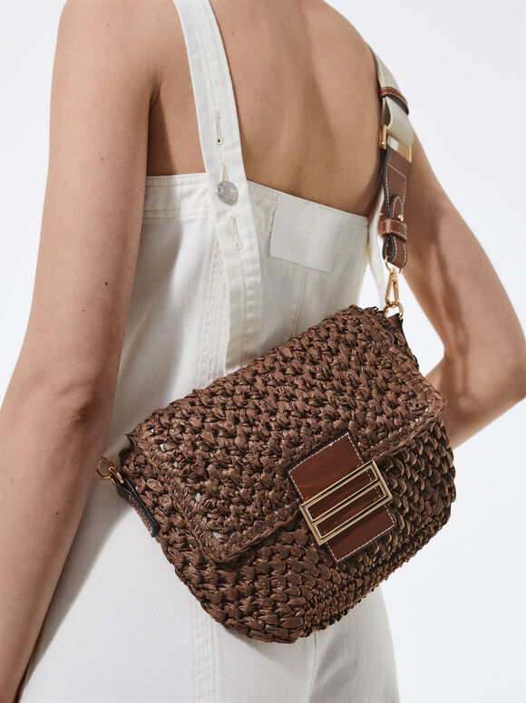 Straw Crossbody Bag, Brown, hi-res