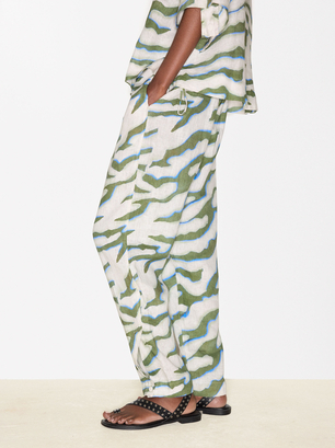 Linen Printed Trousers, Multicolor, hi-res