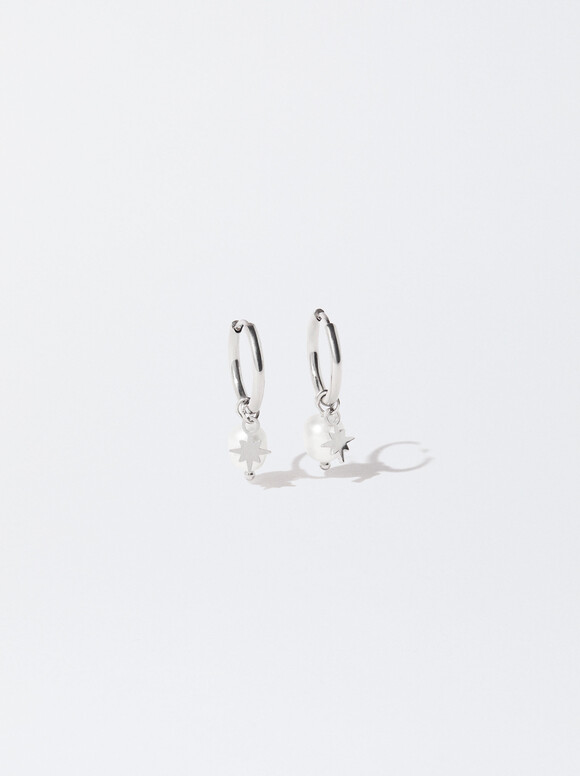 Stainless Steel Hoop Earrings With Pearls, Silver, hi-res