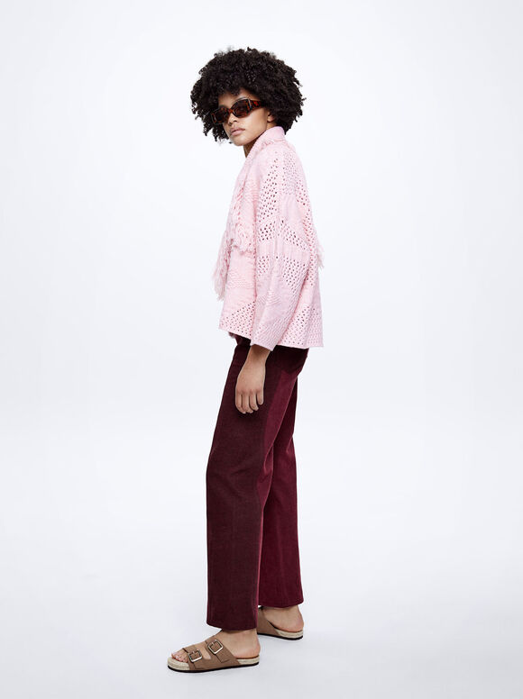 Online Exclusive - Knitted Cardigan With Fringes, Pink, hi-res