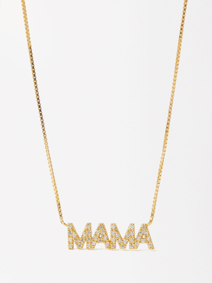 Mom Cubic Zirconia Necklace - 925 Sterling Silver, Golden, hi-res
