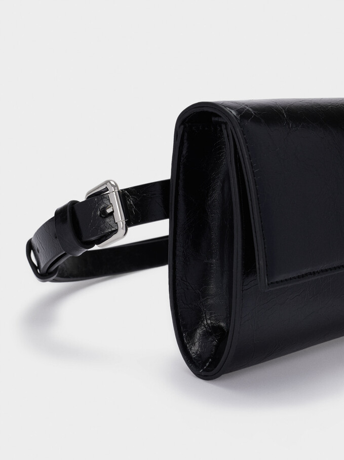 Crossbody Belt Bag With Front Flap Closure, Black, hi-res