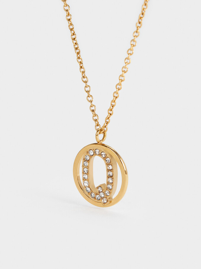 Short Steel Necklace With Letter Q, Golden, hi-res