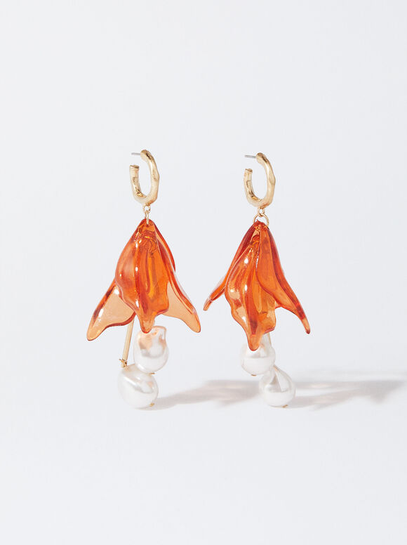 Flower Hoop Earrings, Orange, hi-res