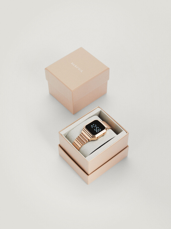 Digital Watch With Square Face, Rose Gold, hi-res