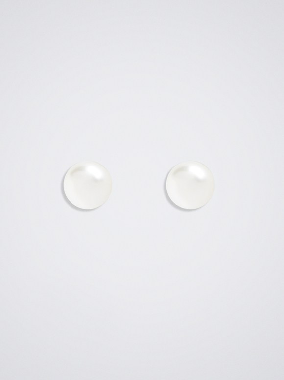 Faux Pearl Short Earrings With Clip Buckle, Beige, hi-res