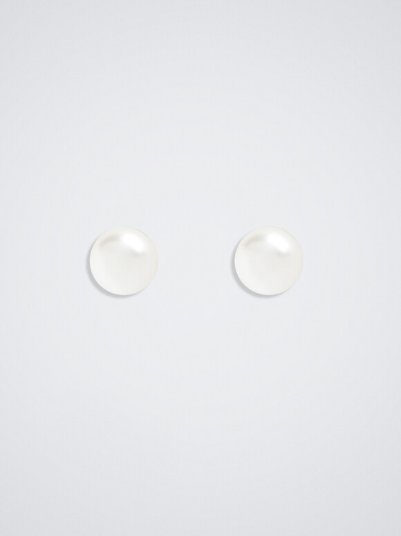 Faux Pearl Short Earrings With Clip Buckle, Beige, hi-res