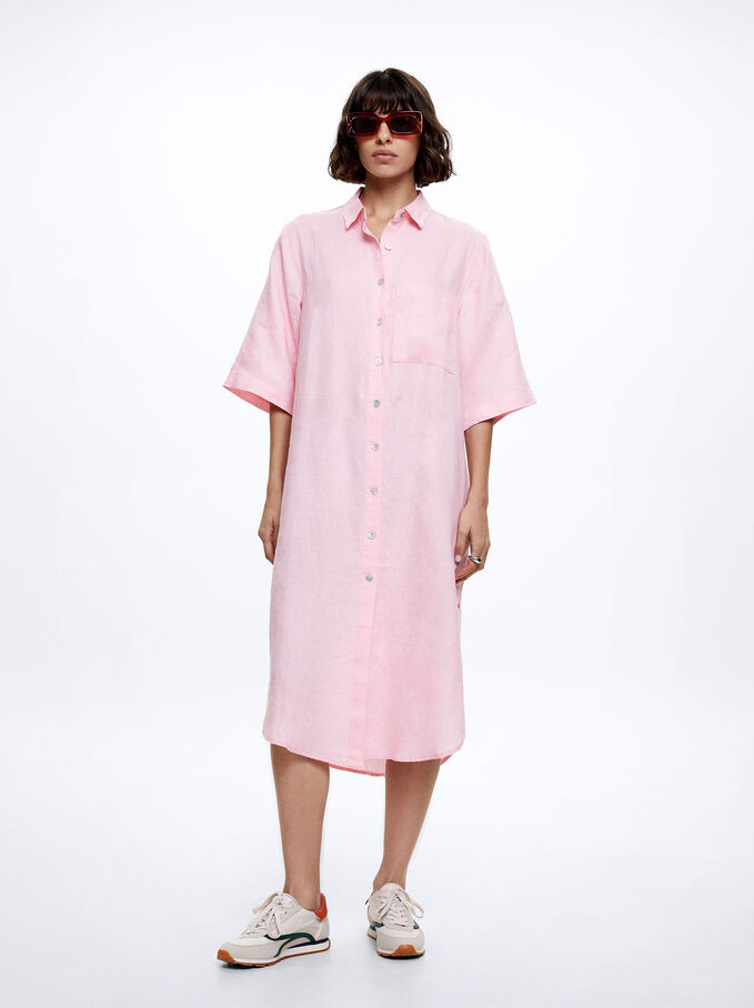 Linen Shirt Dress, Pink, hi-res