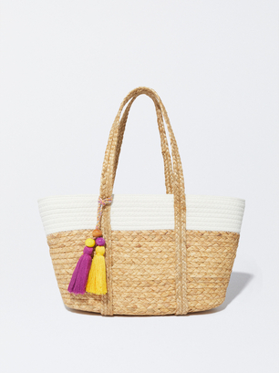 Straw Tote Bag With Pendant, Beige, hi-res