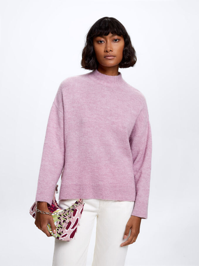 High-Neck Knit Sweater, Violet, hi-res