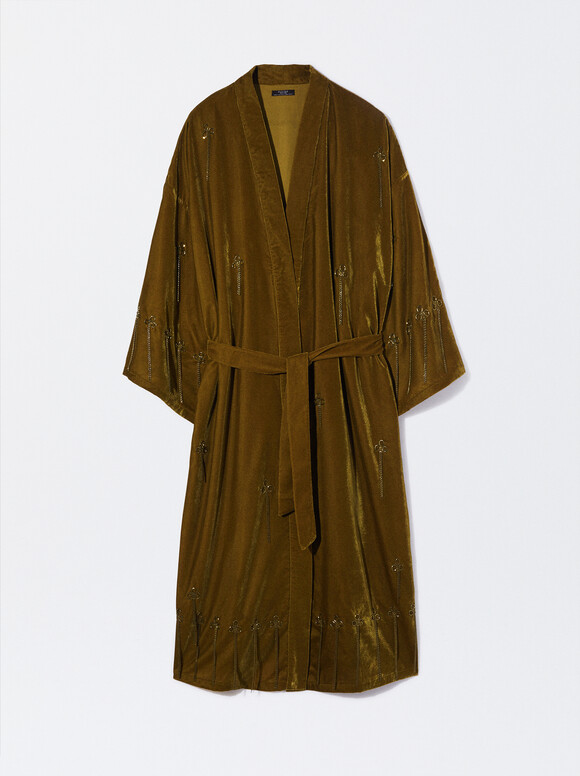 Kimono Com Aplicações, Marrón, hi-res