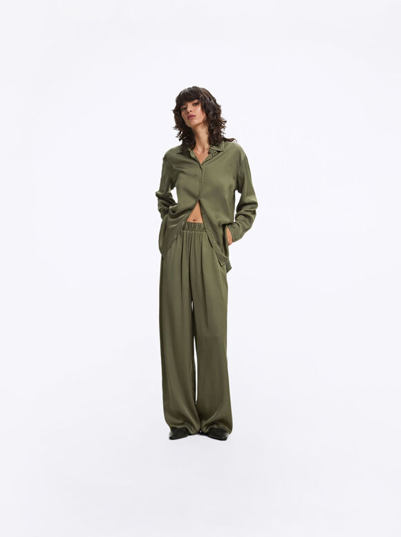 Loose-Fitting Trousers With Elastic Waistband, Green, hi-res
