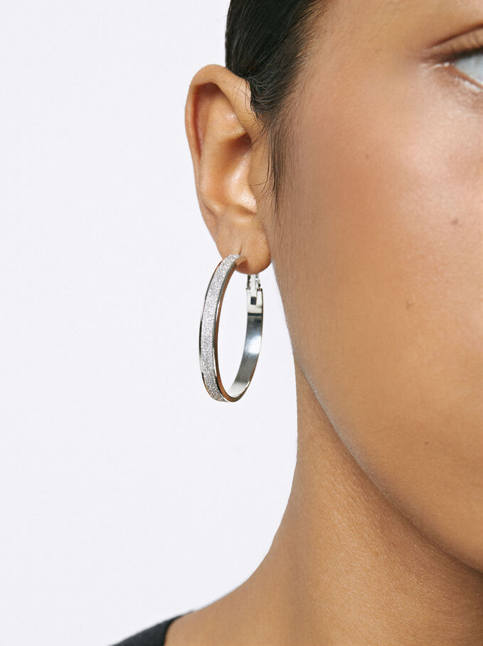 Silver Hoop Earrings With Sparkles, Silver, hi-res