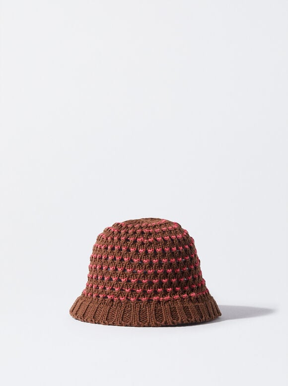 Knitted Bucket Hat, Brown, hi-res