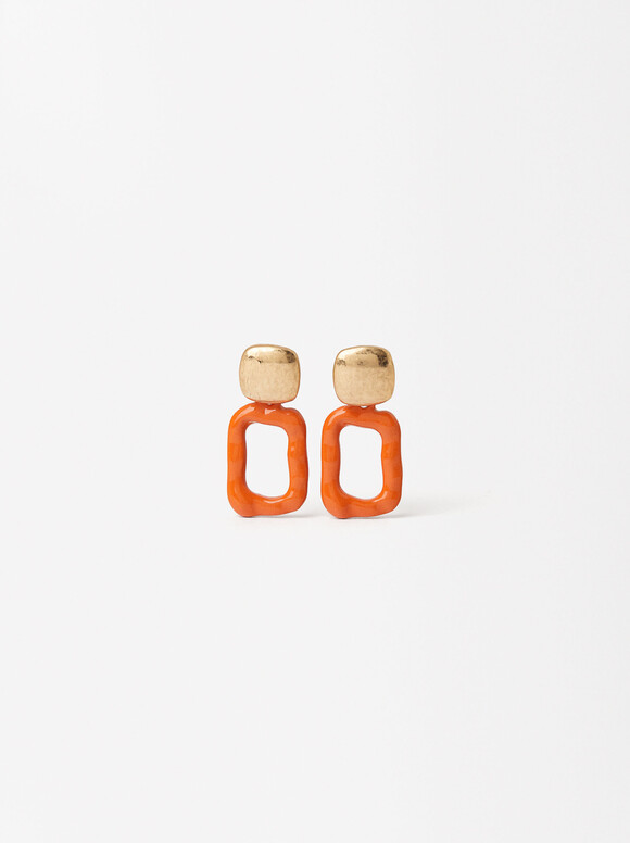 Short Earrings With Enamel, Orange, hi-res