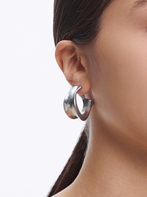 Concave Hoop Earrings, Silver, hi-res