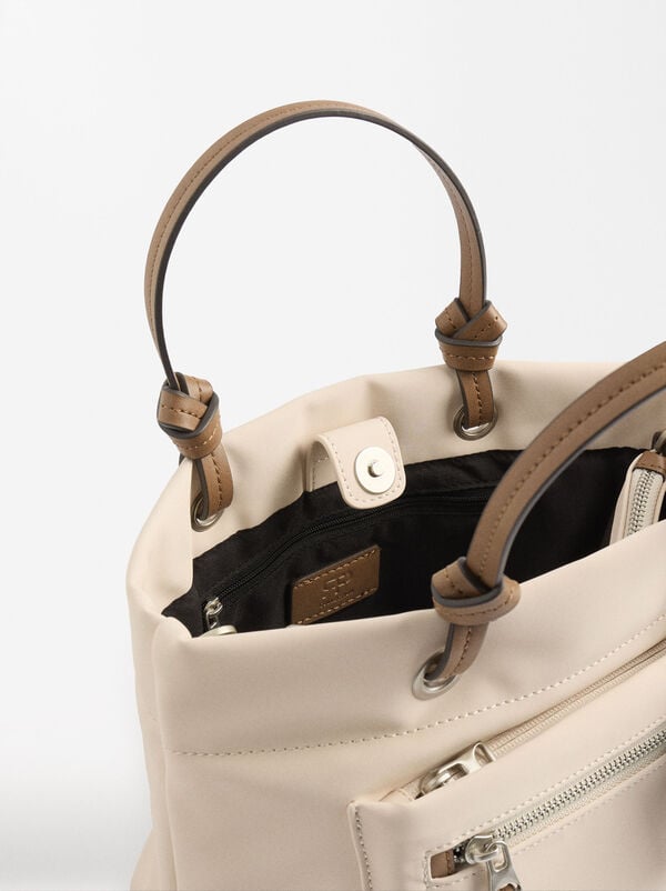 Nylon-effect tote bag with charm
