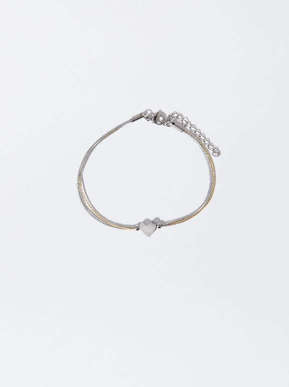 Adjustable Steel Bracelet With Heart, Silver, hi-res