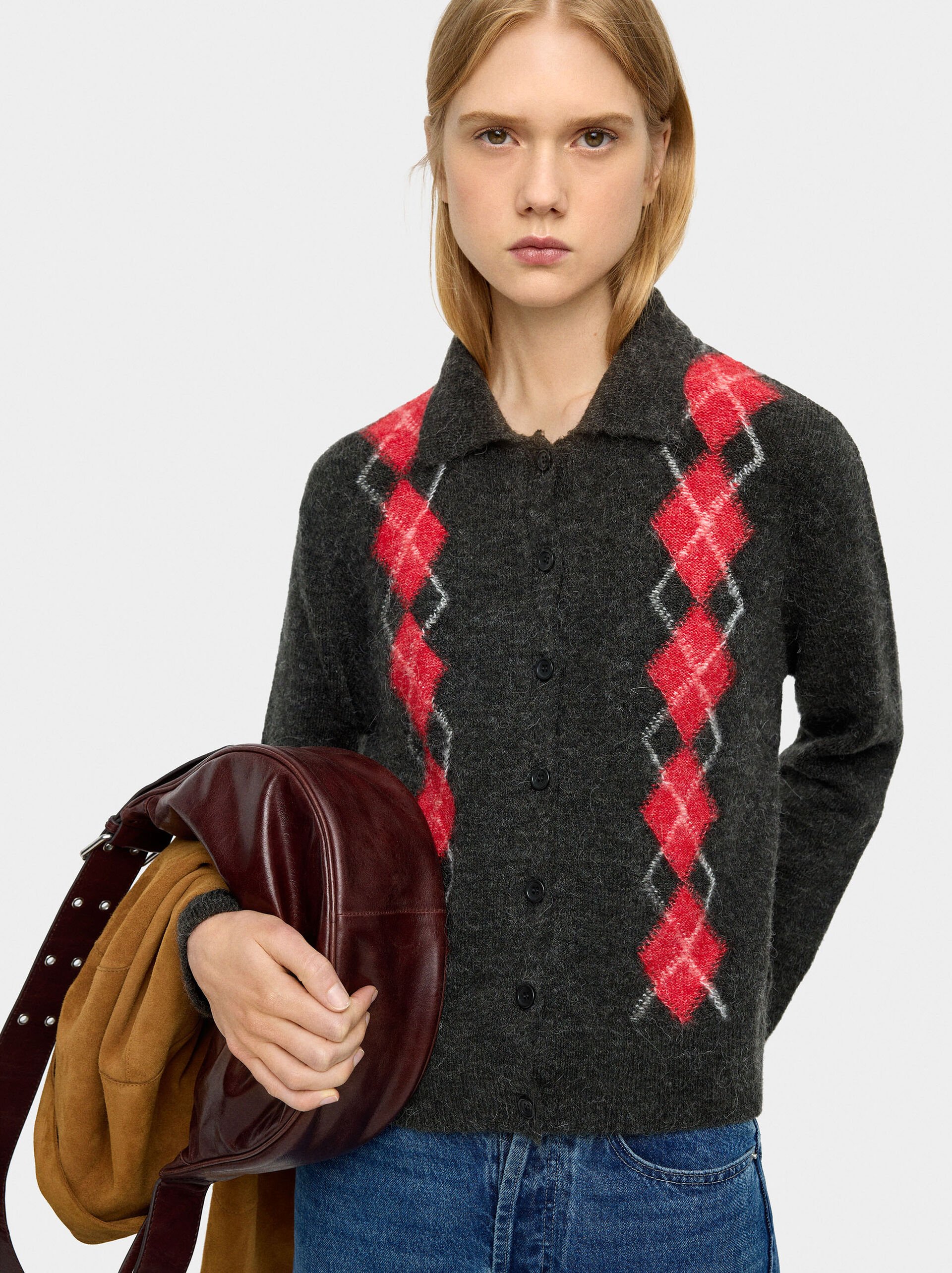Knitted cardigan with argyle pattern image number 1.0