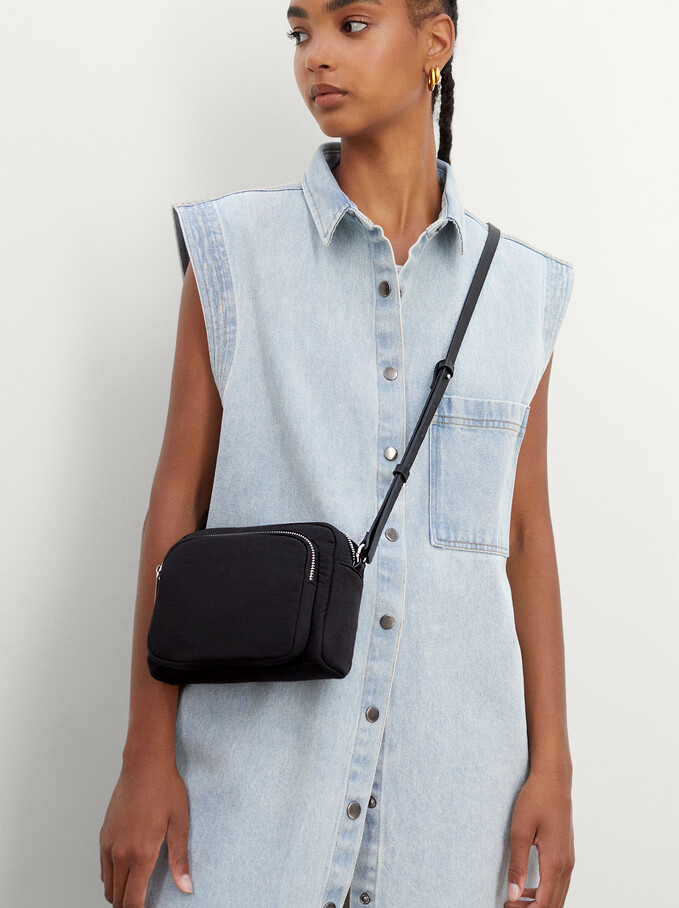 Nylon Crossbody Bag With Outer Pocket, Black, hi-res