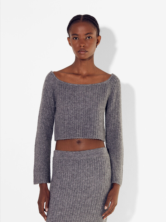 Cropped Knit Sweater, Grey, hi-res