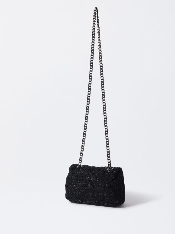 Tweed Bag With Chain Strap, Black, hi-res