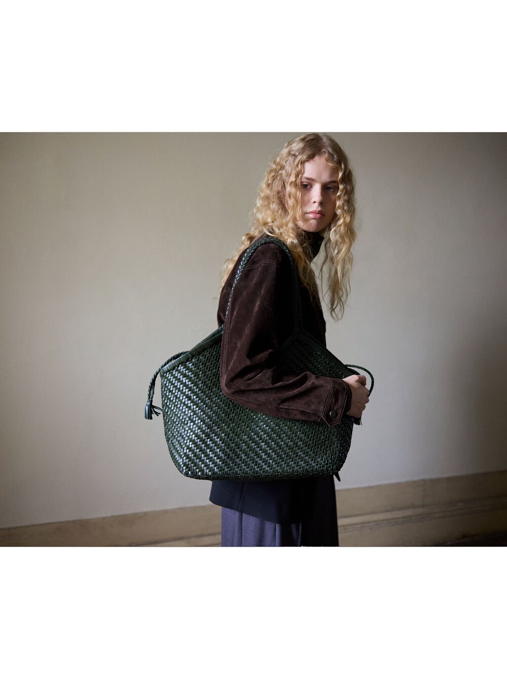Woven leather shopper bag