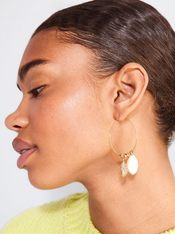 Hoop Earrings With Seashell, Golden, hi-res