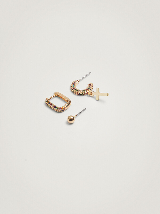 Set Of Hoop Earrings With Cross And Zirconia, Multicolor, hi-res