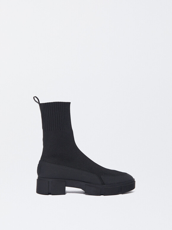Knit Ankle Boots With Track Sole, Black, hi-res
