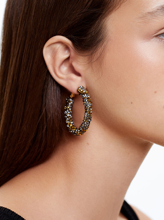 Hoop Earrings With Crystals, Golden, hi-res