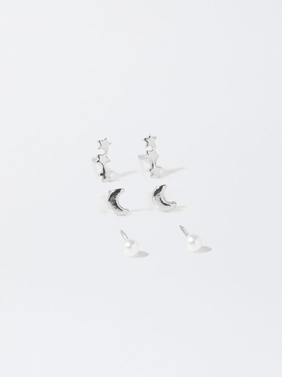 Set Of Earrings With Pearl And Charms, Silver, hi-res