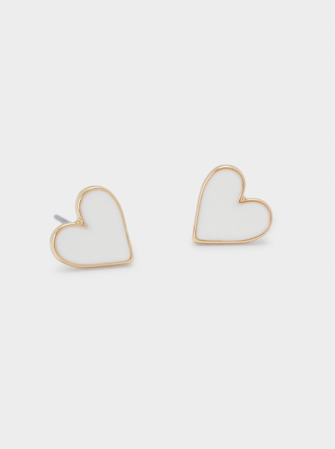 Short Earrings With Hearts , Golden, hi-res