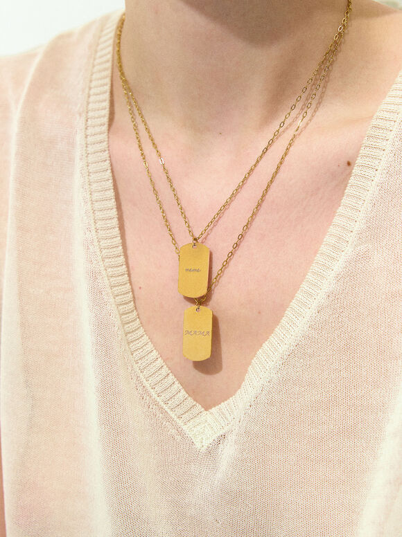 Collar De Acero Dorado Con Colgante Personalizable, Dorado, hi-res