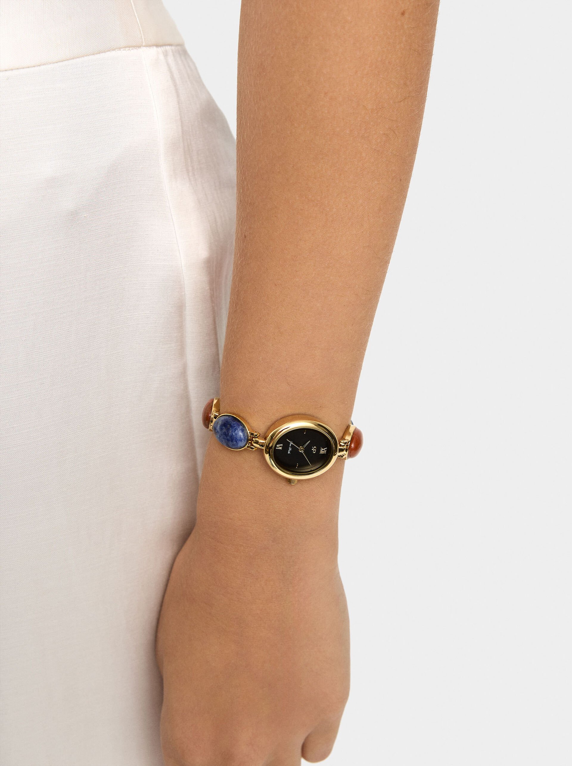 Oval watch with stone bracelet image number 1.0