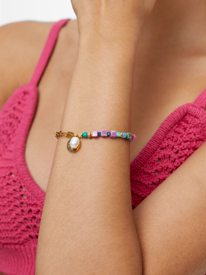 Bracelet En Acier Avec Perle, Multicolore, hi-res
