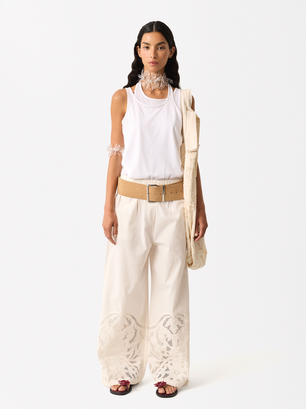 Online Exclusive - Pantalon En Coton Avec Broderie, Blanc, hi-res