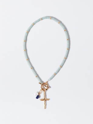Gold Necklace With Stones, Blue, hi-res