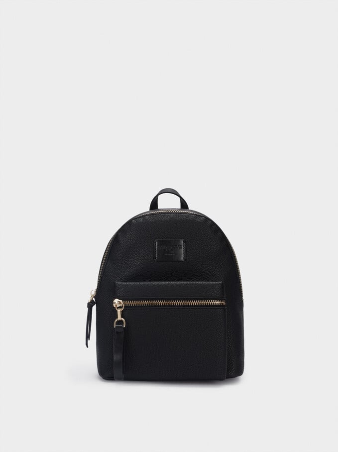 Embossed Backpack With Exterior Pocket, Black, hi-res