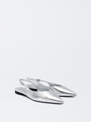 Online Exclusive - Leather Slingback Ballerinas, Silver, hi-res
