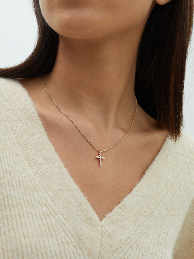 Short Necklace With Cross, Golden, hi-res