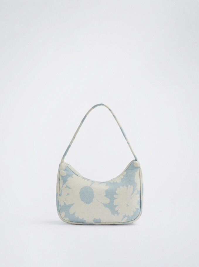 Floral Print Denim Shoulder Bag, Blue, hi-res