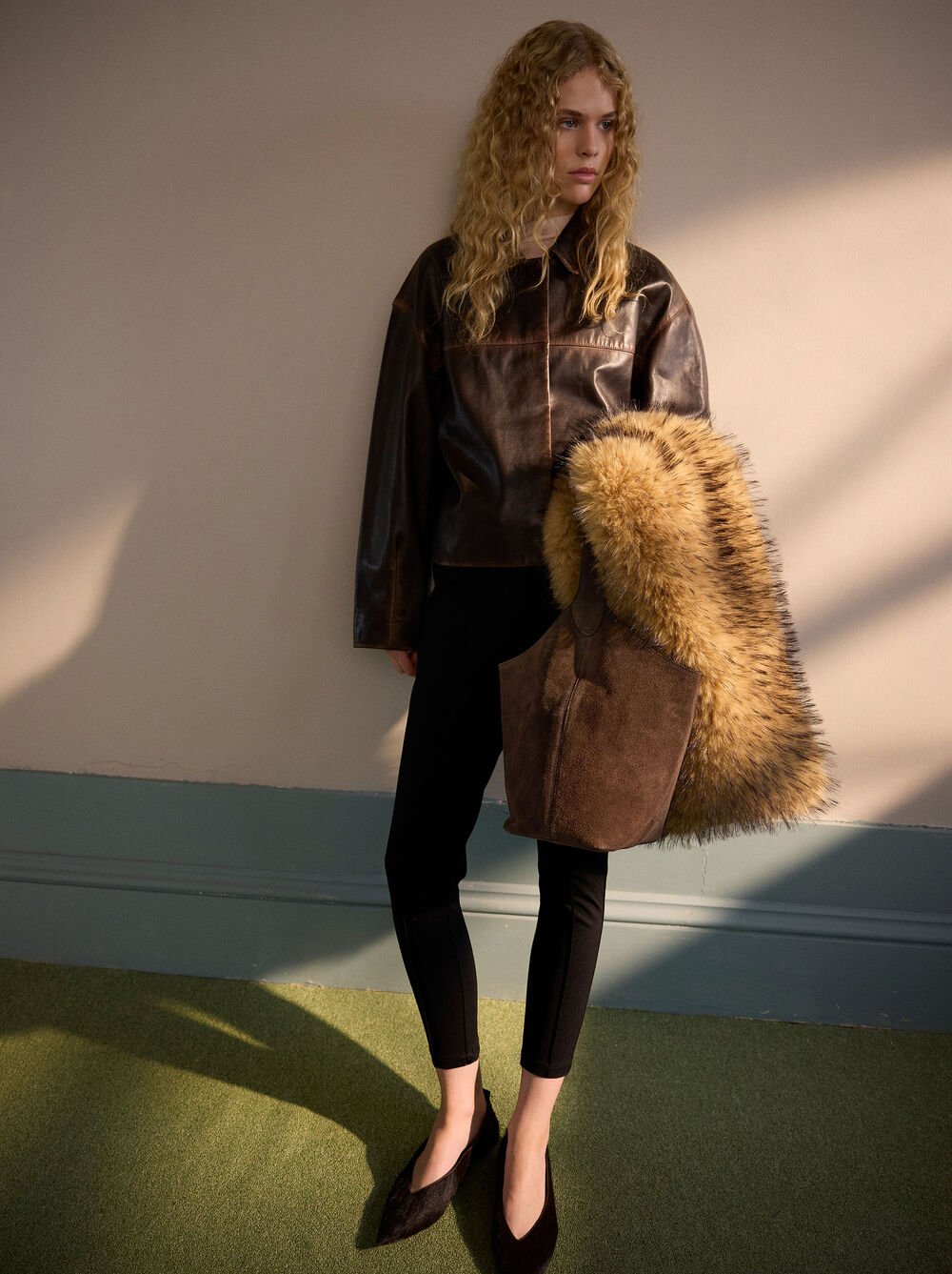 Suede bucket bag with inner pouch