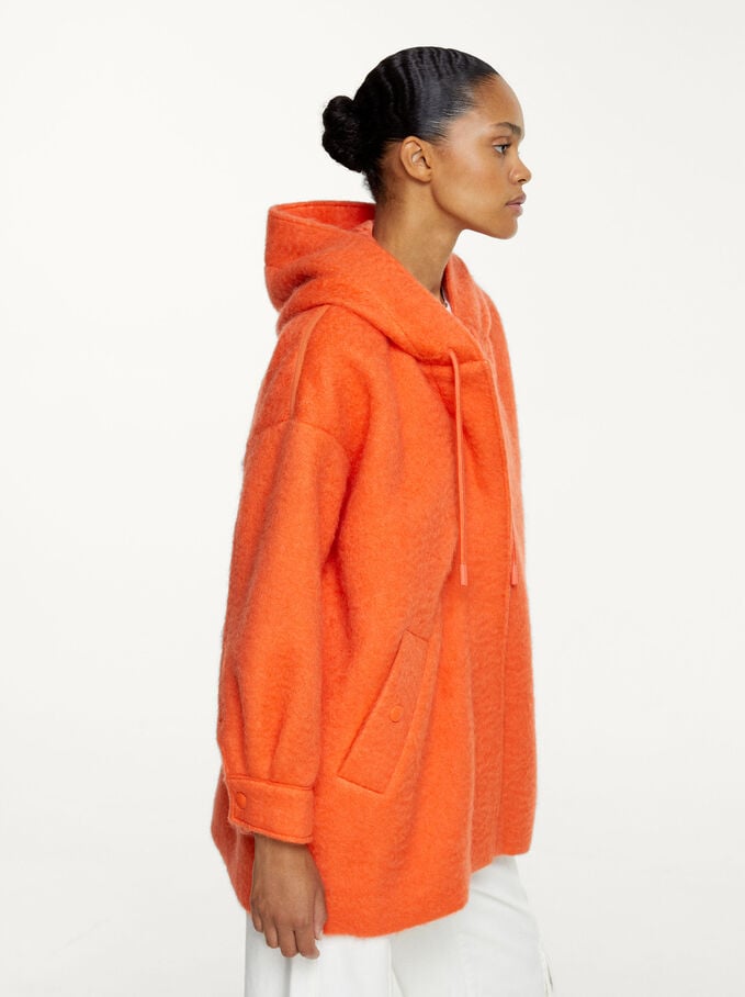 Wool Coat With Hood, Orange, hi-res