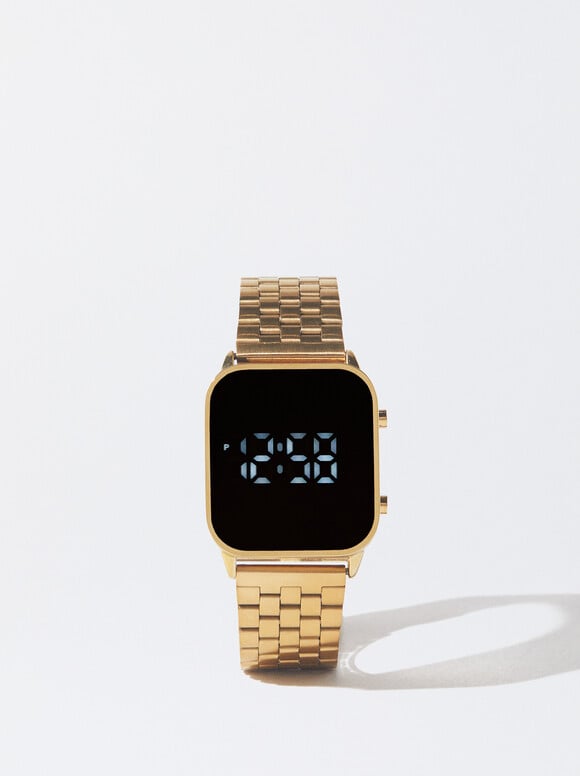 Relógio Digital De Aço, Dourado, hi-res