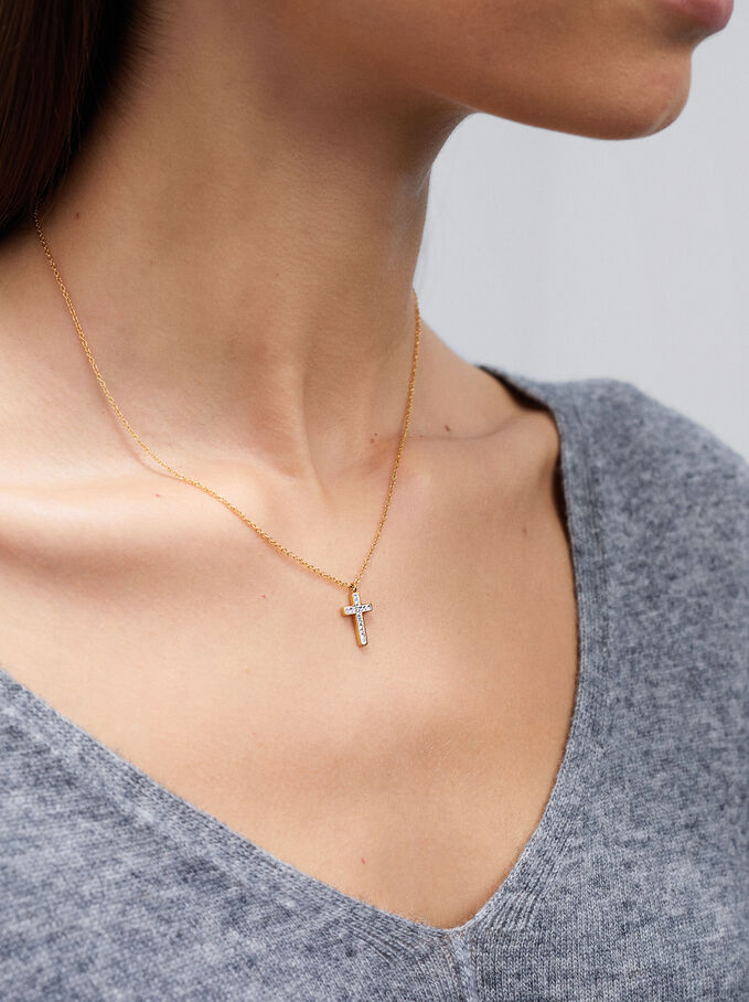 Silver Stainless Steel Necklace With Cross, Golden, hi-res