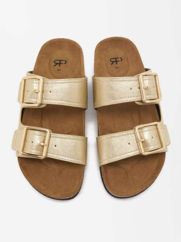Flat Sandals With Buckle, Golden, hi-res