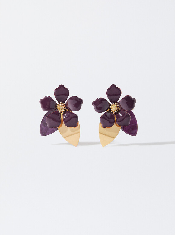 Enamel Flower Earrings, Bordeaux, hi-res