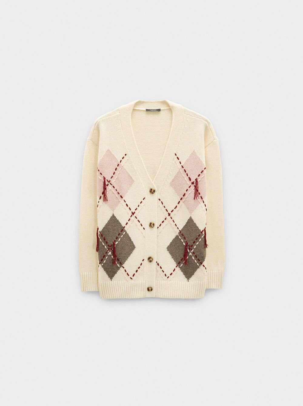 Knit cardigan with argyle and embroidery